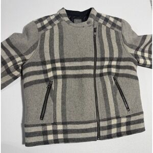 Gap Women's Gray Plaid Wool Blend Moto Jacket Coat Asymmetrical Zip Quilted M
